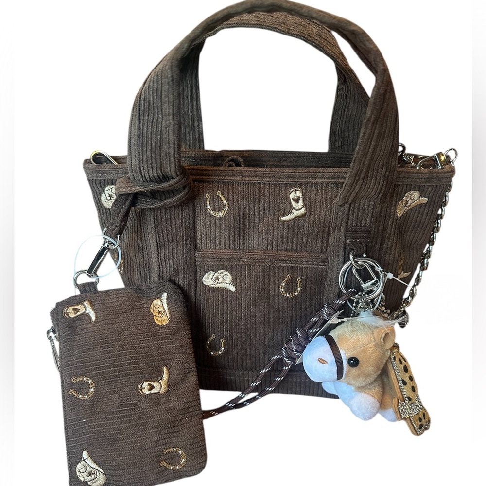 Madden Girl Brown Corduroy Cowgirl Tote Purse with Keychain Accessories- NWT